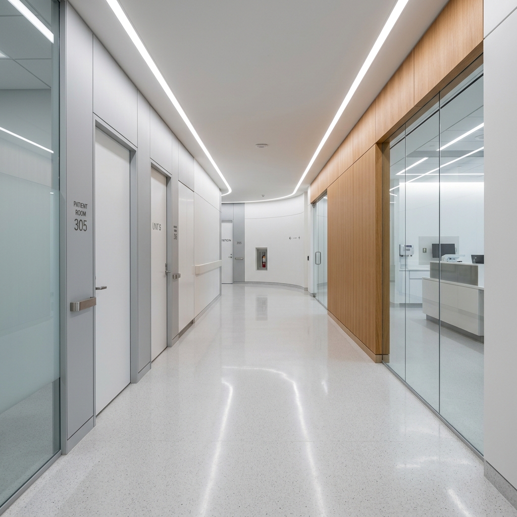 Modern, minimal hospital corridor with clean architectural lines
