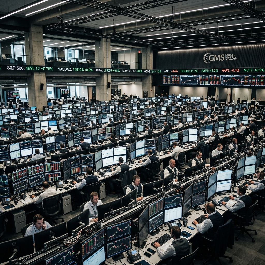 High-stakes trading floor environment, focused on data and execution